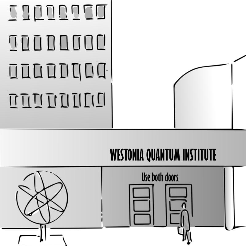 The exterior of a concrete building on which it says Westonia Quantum Institute. The building has multiple floors. A man is walking into the building. A sign above the doors says: Use both doors